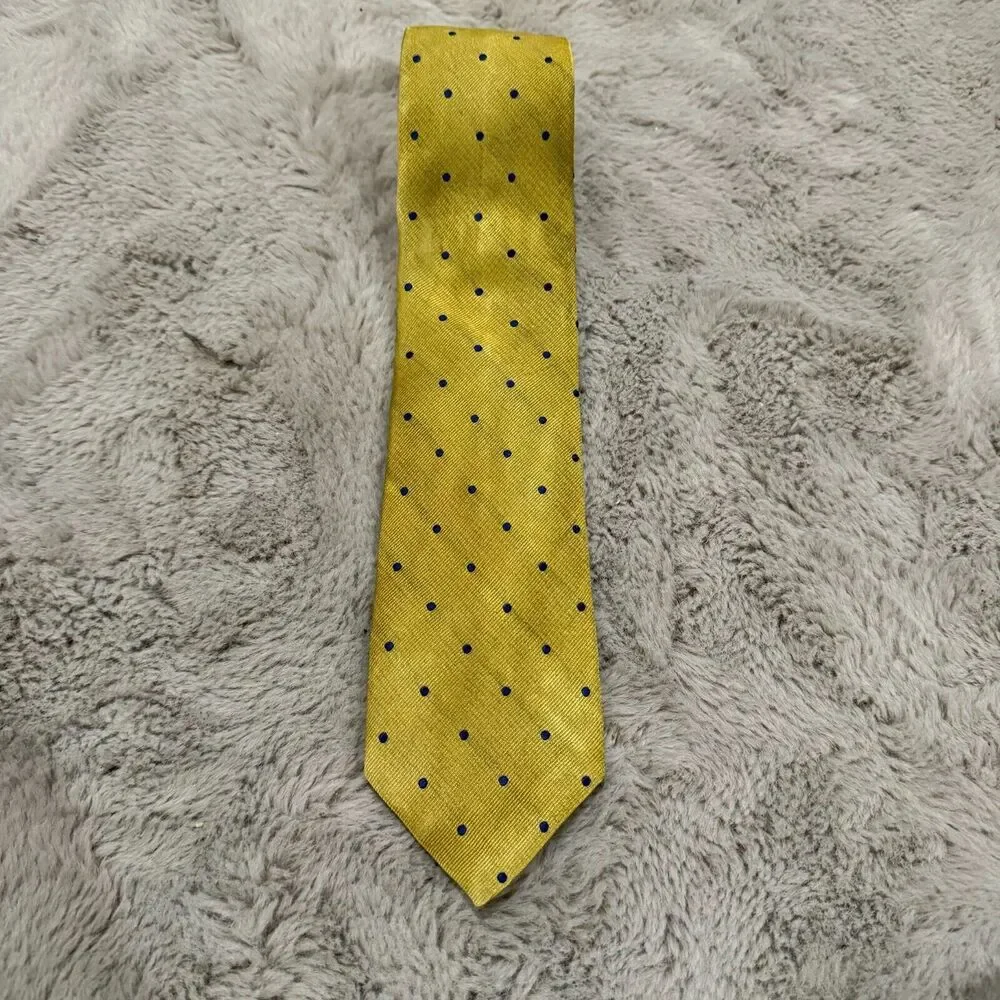Brooks Brothers Yellow Silk Tie with Navy Polka Dot‎ Pattern - Made in Italy